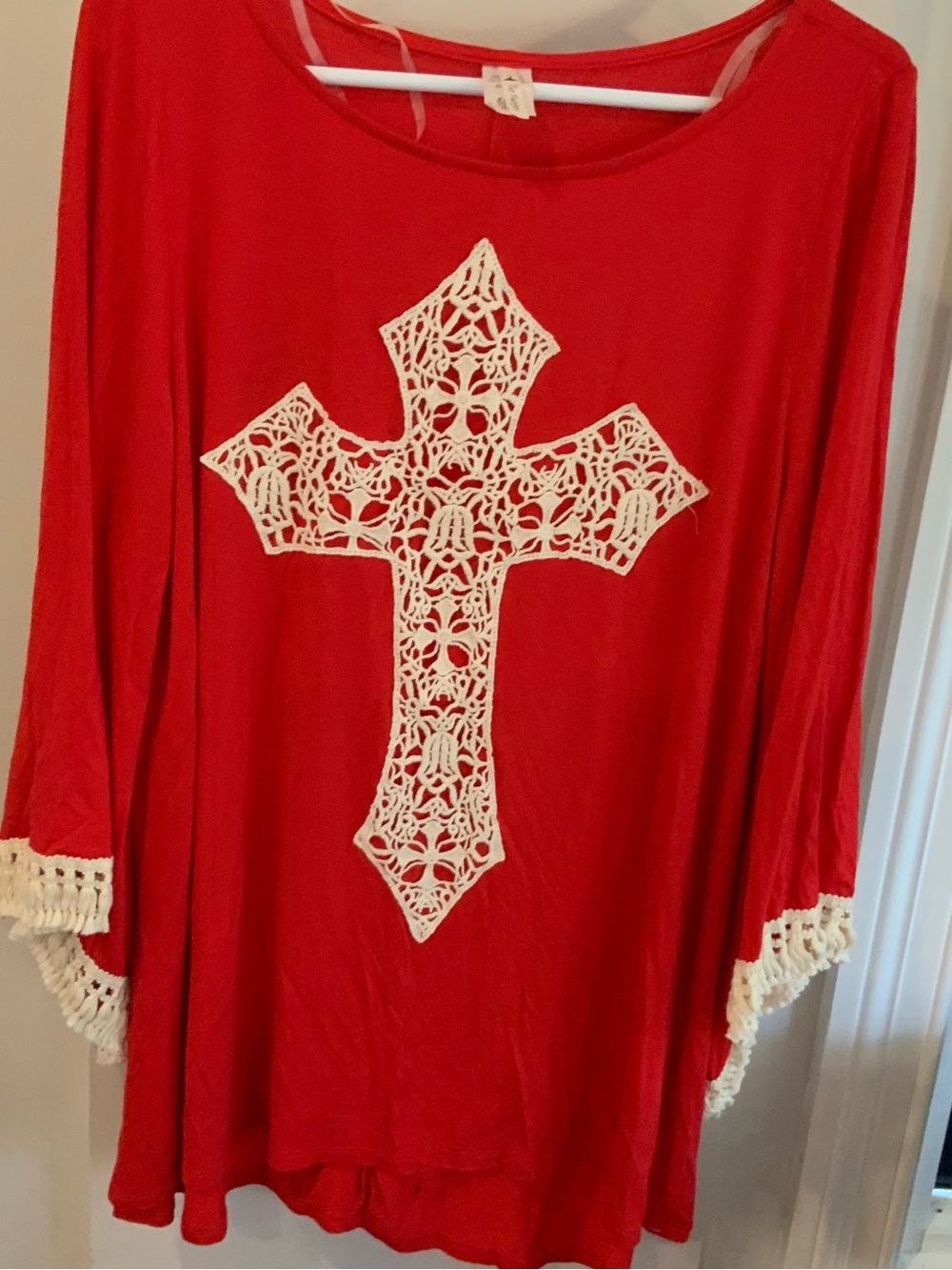 Red Crochet Cross Tunic Top with Ivory Lace Trim size 1XL. SKU 3096